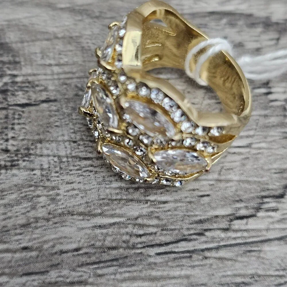 Vintage Gold Tone Multi Row CZ Diamond Cluster Chunky Wide Statement Ring